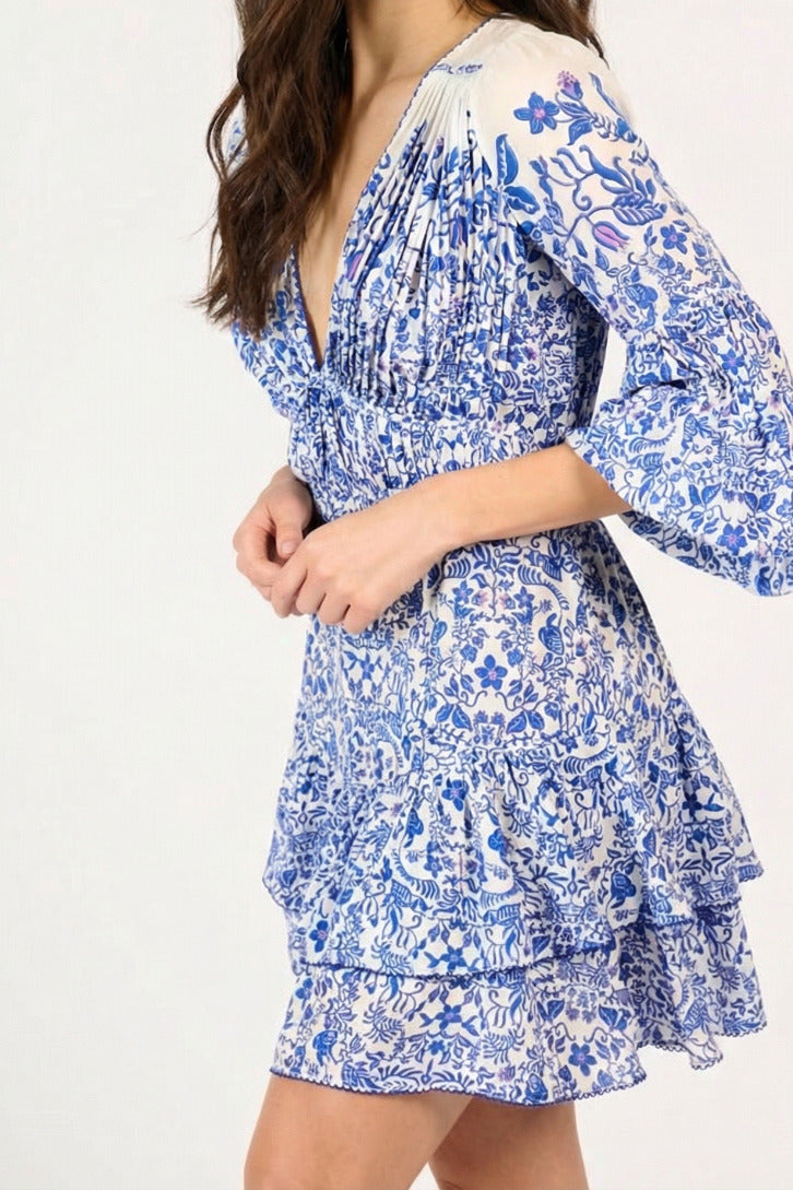 Blue Tiare mini dress – Mini Dress Chiara by Poupette St Barth, three-quarter view with pintucked bodice