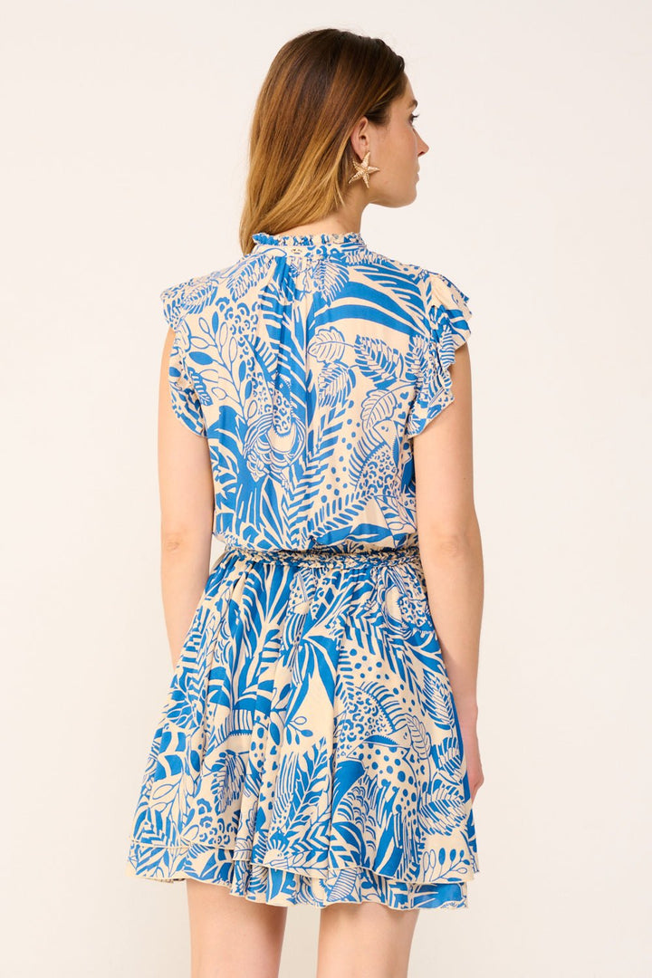 Blue Callie mini dress by Poupette St Barth featuring a tropical toucan print, sleeveless design, and lightweight fabric.