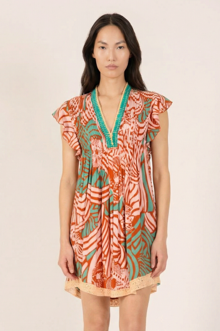 Brick Japonism mini dress – Mini Dress Sasha by Poupette St Barth, front view