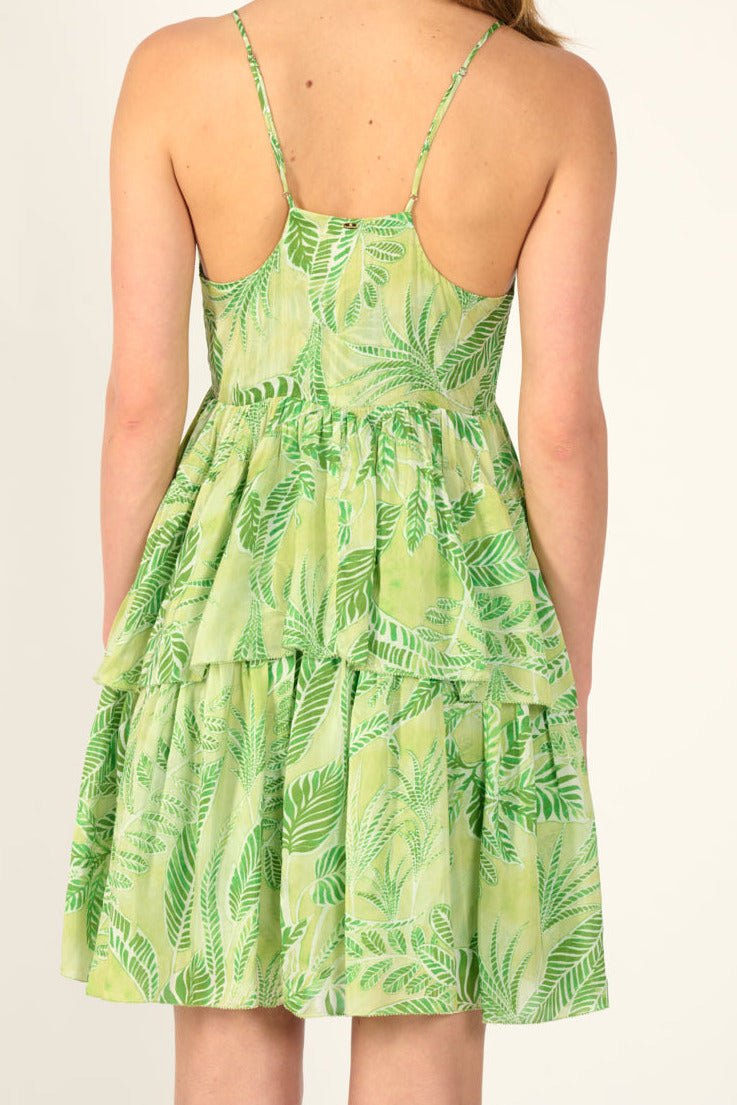 Green Calathea mini dress by Poupette St Barth, featuring a flowy design, Viscose fabric, and adjustable straps.