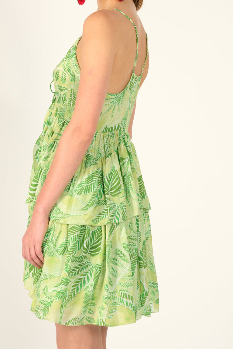 Green Calathea Mini Dress Maja by Poupette St Barth, lightweight viscose fabric, fitted silhouette, sleeveless design, cropped view.