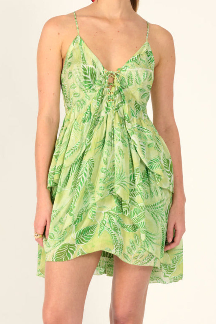 Green Calathea mini dress – Mini Dress Maja by Poupette St Barth, front view with lace-up v-neck