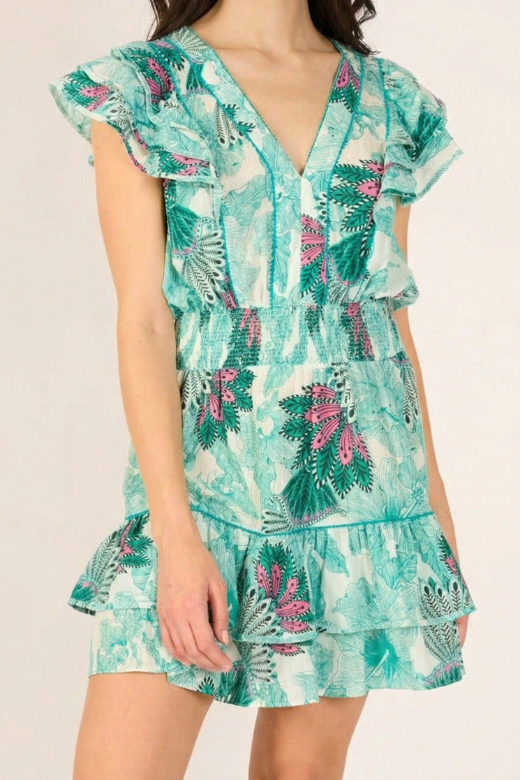 Green Padang mini dress – Mini Dress Camila by Poupette St Barth, front view with v-neck and ruffle sleeves