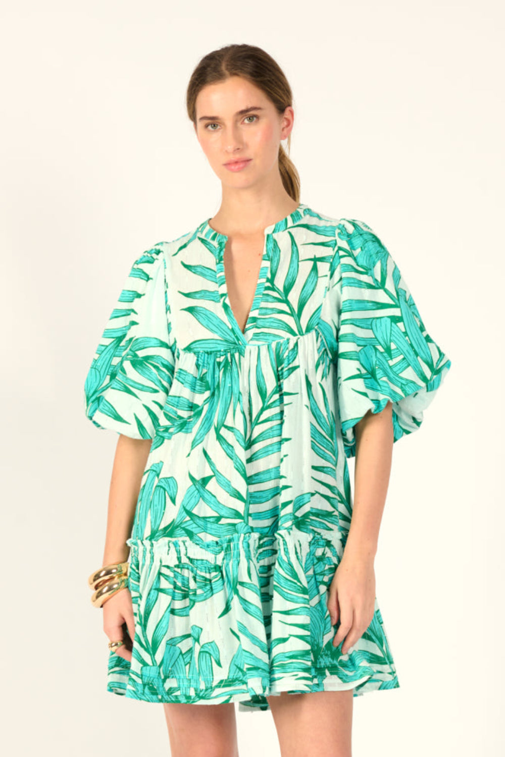 Green Palm Leaf mini dress – Mini Dress Cruz by Poupette St Barth, front view