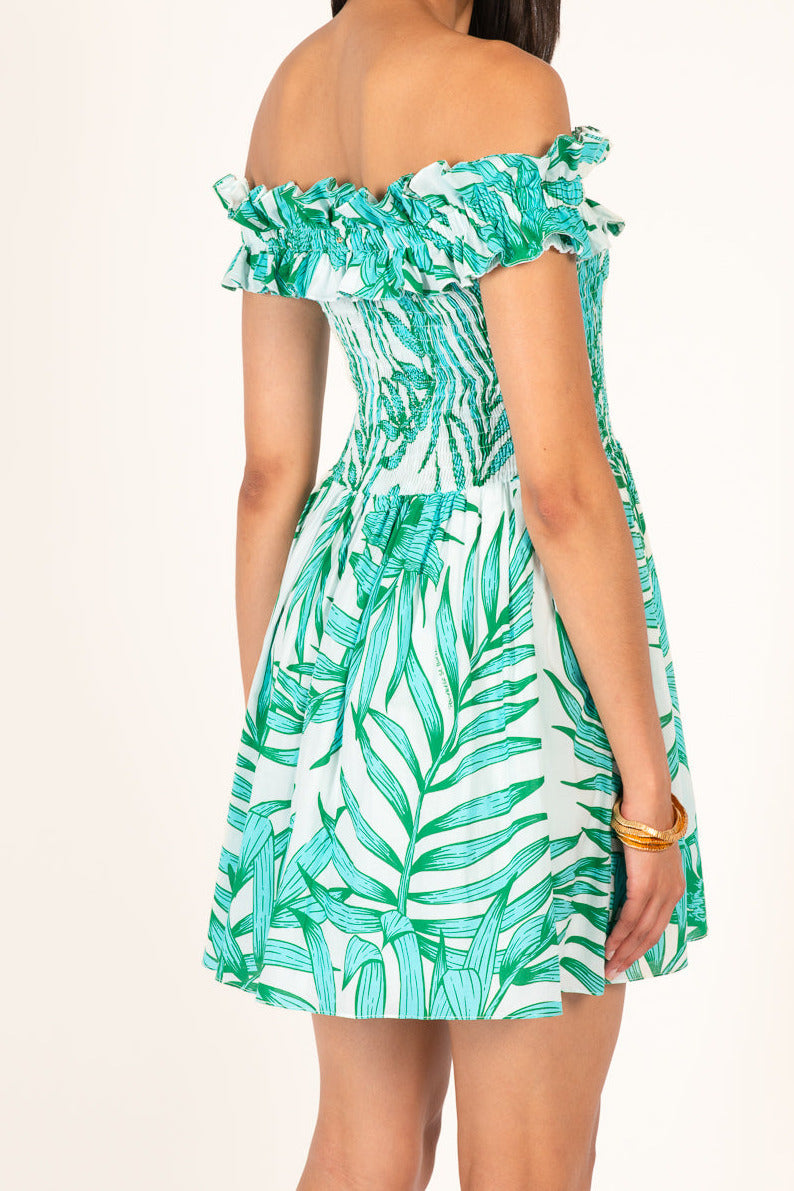 Green palm leaf print cotton mini dress by Poupette St Barth, featuring a fitted style and short sleeves.