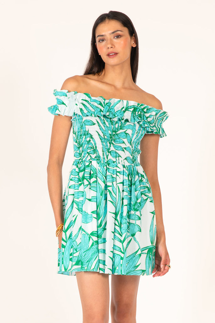 Green Palm Leaf mini dress – Mini Dress Amber by Poupette St Barth, front view