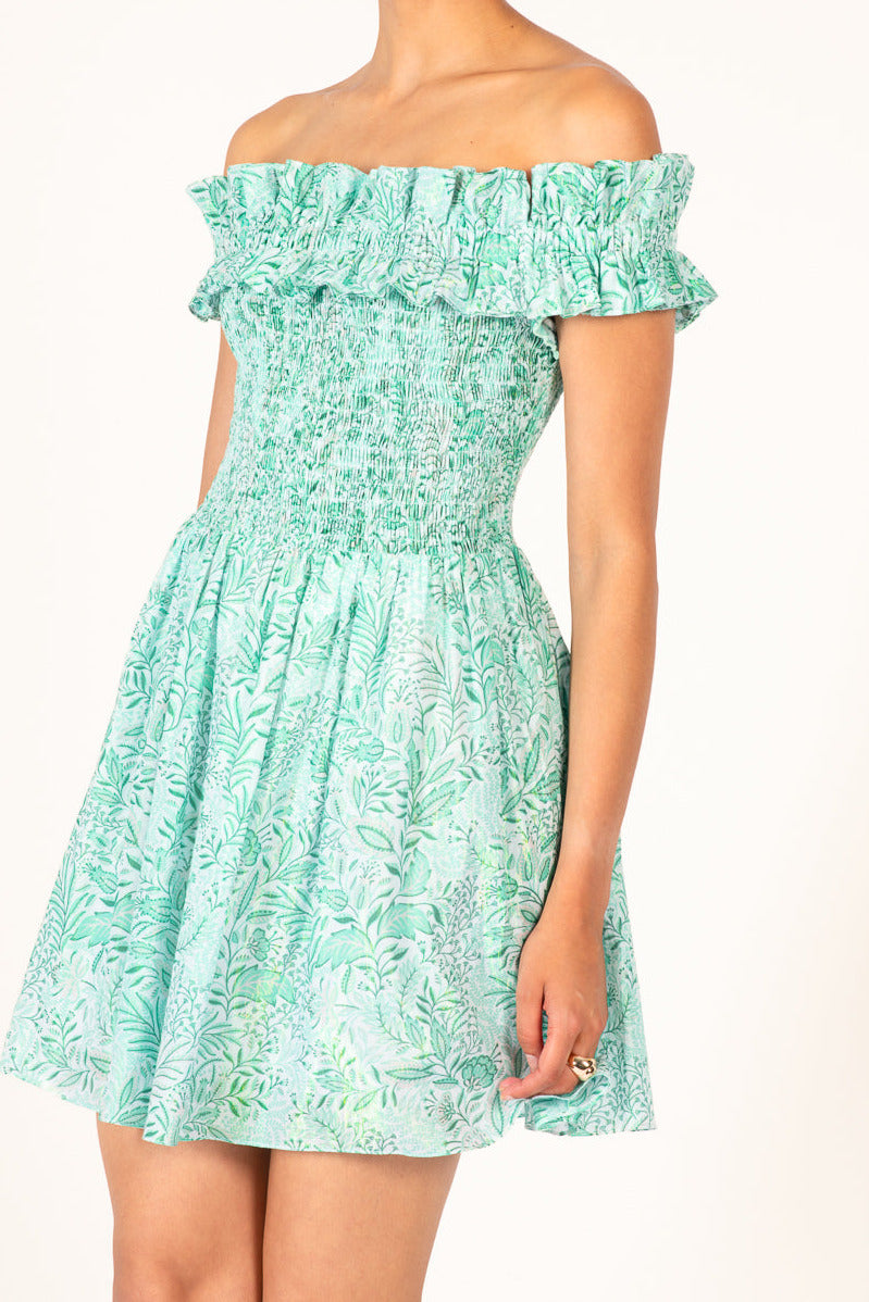 Green Palmarosa mini dress – Mini Dress Amber by Poupette St Barth, three-quarter front view
