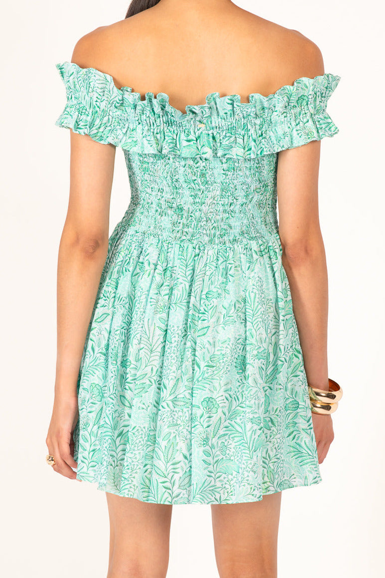 Green Palmarosa Mini Dress by Poupette St Barth, lightweight cotton fabric, metallic finish, stylish sleeveless design.