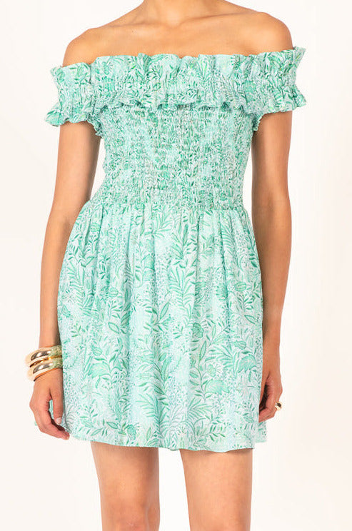 Green Palmarosa mini dress – Mini Dress Amber by Poupette St Barth, front view with smocked bodice