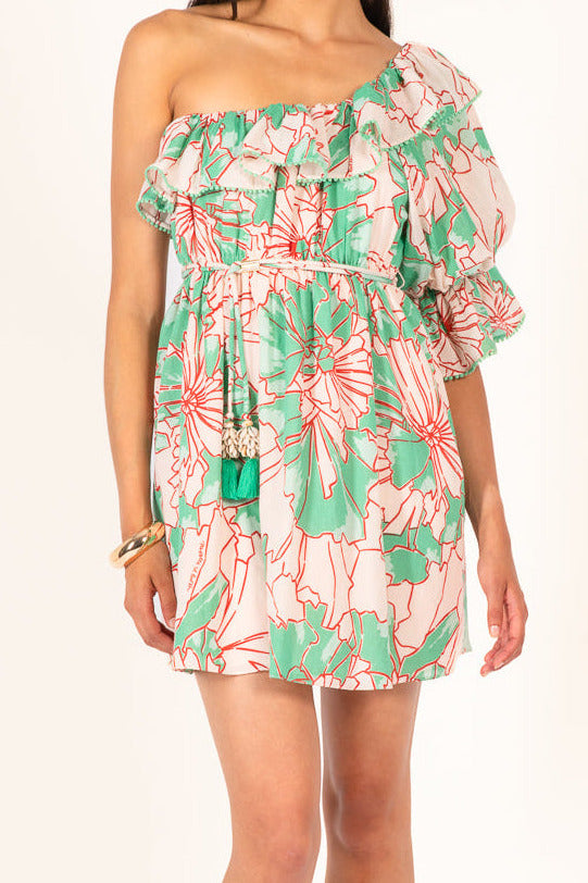 Green Petal mini dress – Mini Dress Jenny by Poupette St Barth, front view of one-shoulder ruffled dress