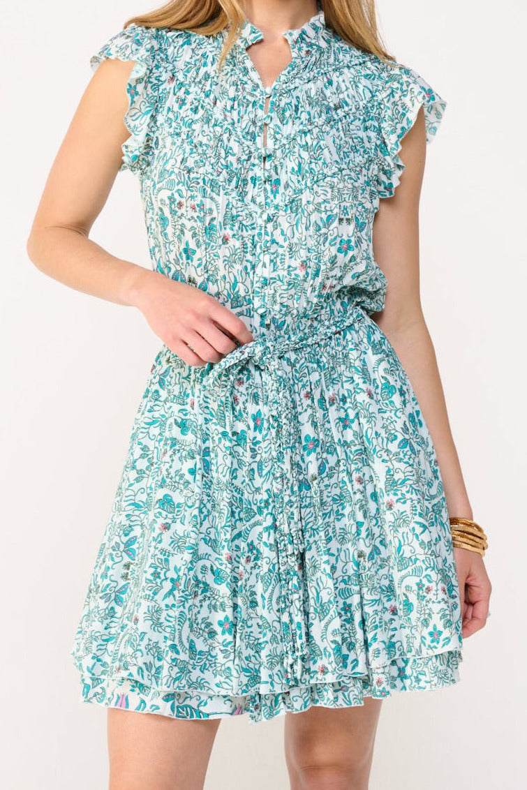 Green Tiare mini dress – Mini Dress Callie by Poupette St Barth, front view with ruffled cap sleeves and tie waist