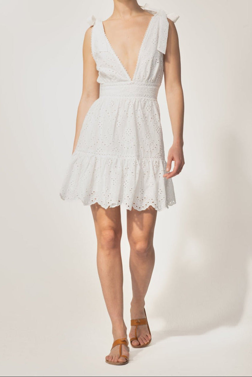 Natural White mini dress – Mini Dress Cara by Poupette St Barth, front view with plunging V-neck and tie straps