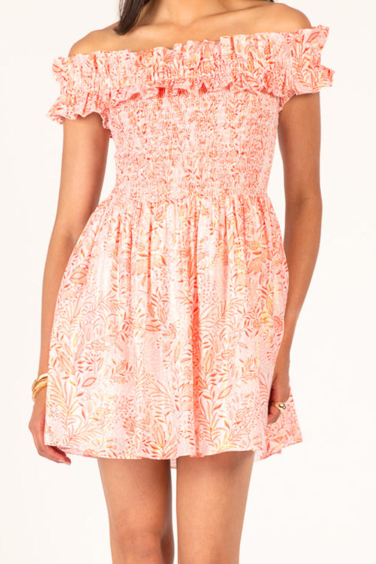 Orange Palmarosa mini dress – Mini Dress Amber by Poupette St Barth, front view with off-shoulder ruffle