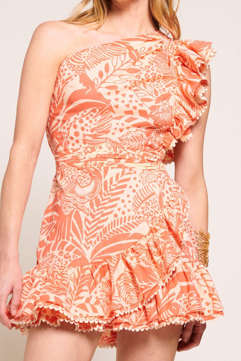 Orange Toucan mini dress – Mini Dress Corinne by Poupette St Barth, front view with one-shoulder ruffle