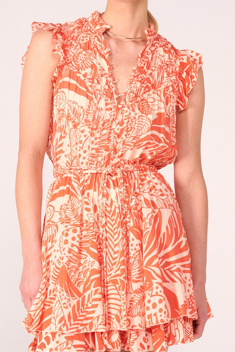 Orange Toucan mini dress – Mini Dress Callie by Poupette St Barth, front view with ruffled sleeves and tie waist