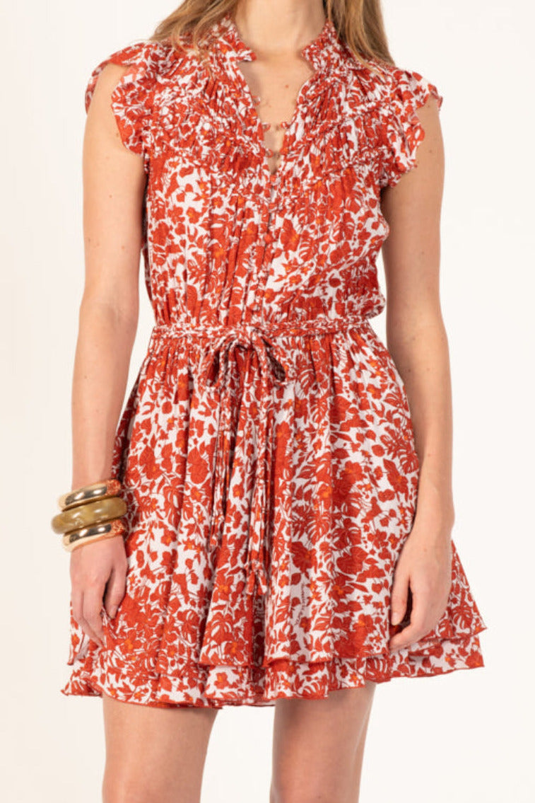 Paprika Aquaflora mini dress – Mini Dress Callie by Poupette St Barth, front view with tie waist and ruffle sleeves