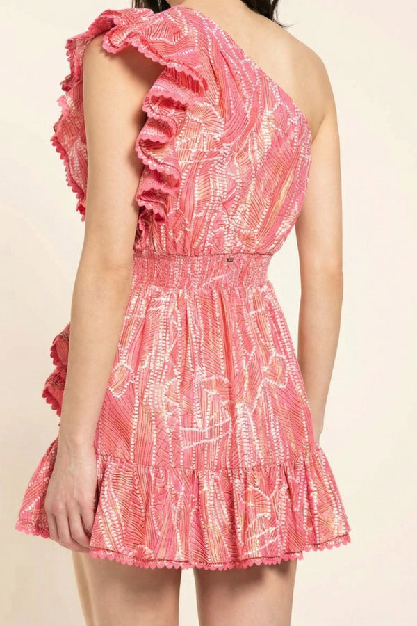 Pink Akoya mini dress – Mini Dress Corinne by Poupette St Barth, back view showing smocked waist