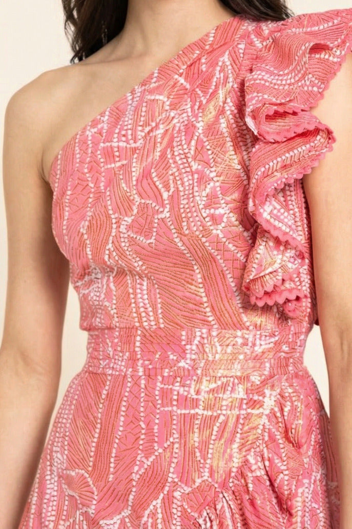 Pink Akoya Mini Dress Corinne by Poupette St Barth, lightweight cotton fabric with metallic sheen, styled as a chic sleeveless dress.