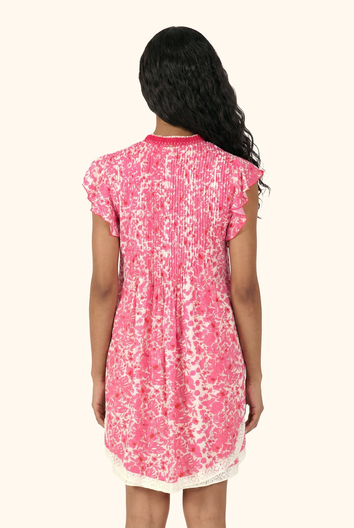 Pink Aquaflora mini dress – Mini Dress Sasha by Poupette St Barth, back view with pintucked yoke