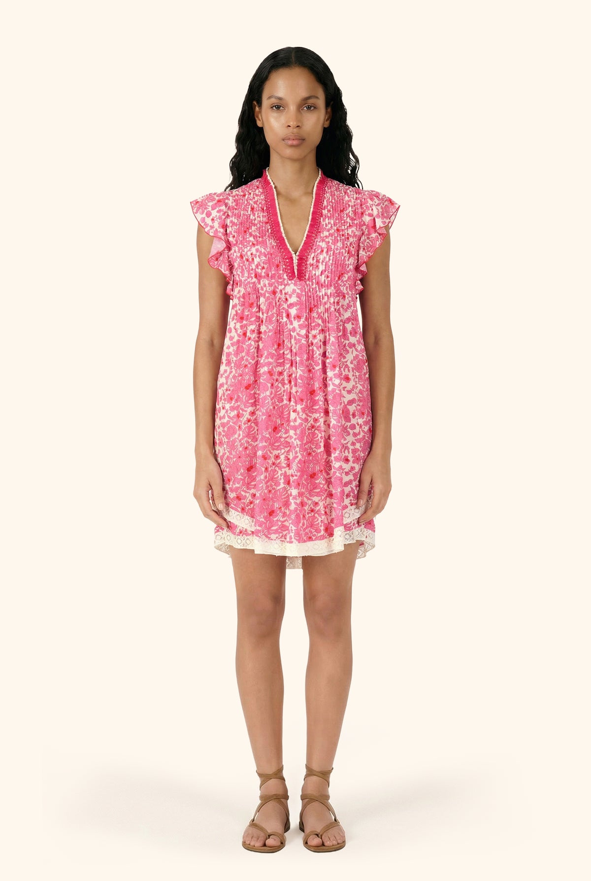 Pink Aquaflora mini dress – Mini Dress Sasha by Poupette St Barth, full-length front view with lace hem
