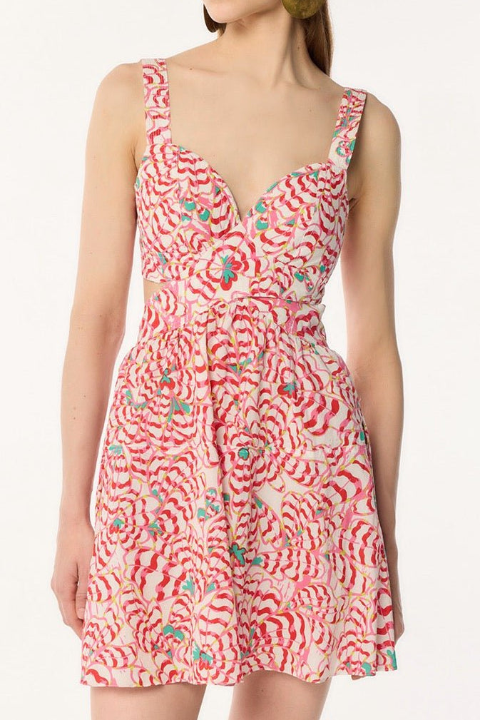 Pink floral mini dress by Poupette St Barth featuring butterfly wing patterns, perfect for casual or summer wear.