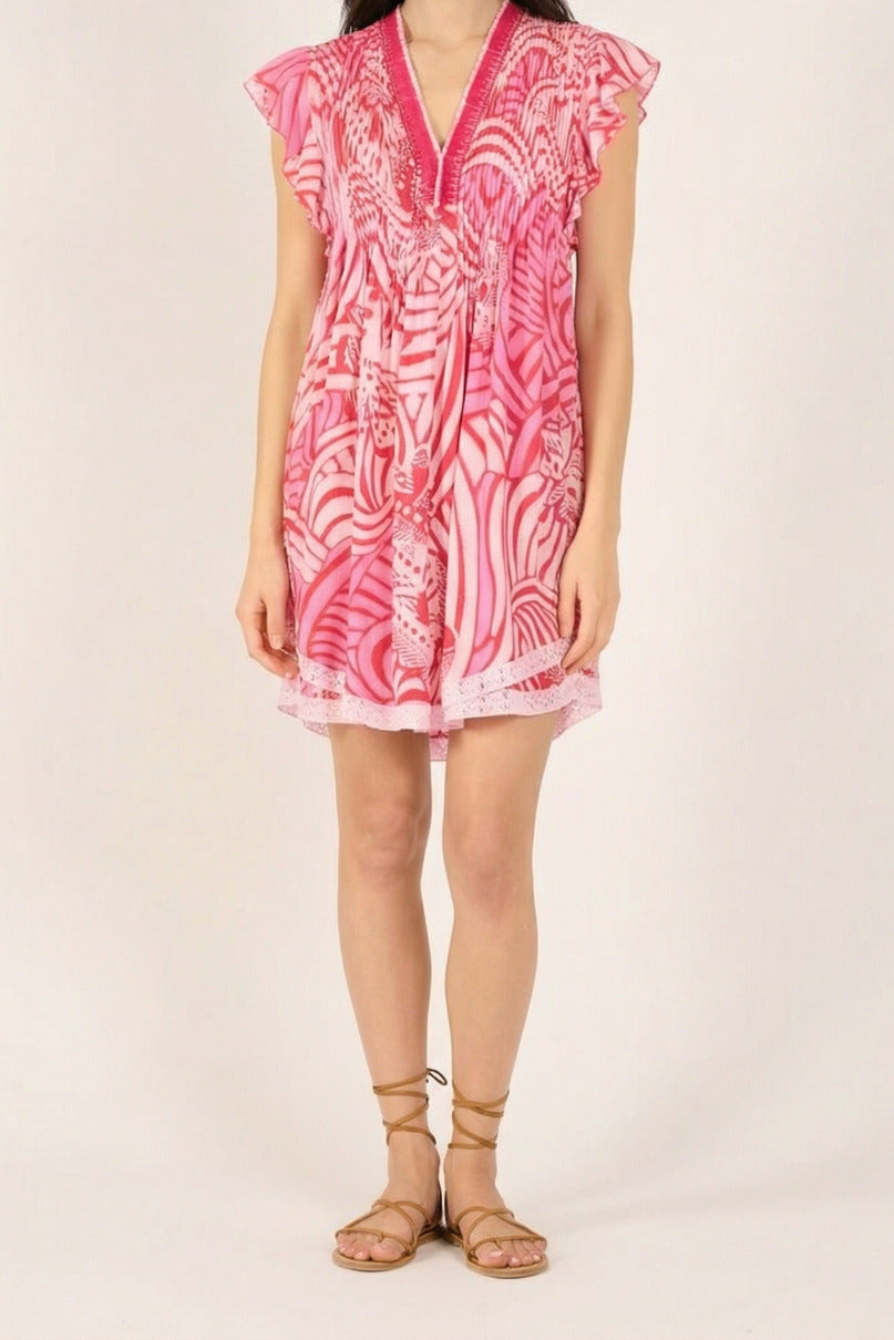 Pink Mini Dress Sasha by Poupette St Barth featuring a stylish, lightweight viscose fabric and a flattering mini length.