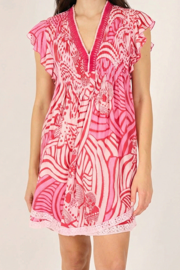 Pink Japonism mini dress – Mini Dress Sasha by Poupette St Barth, front view with trimmed v-neck and flutter sleeves