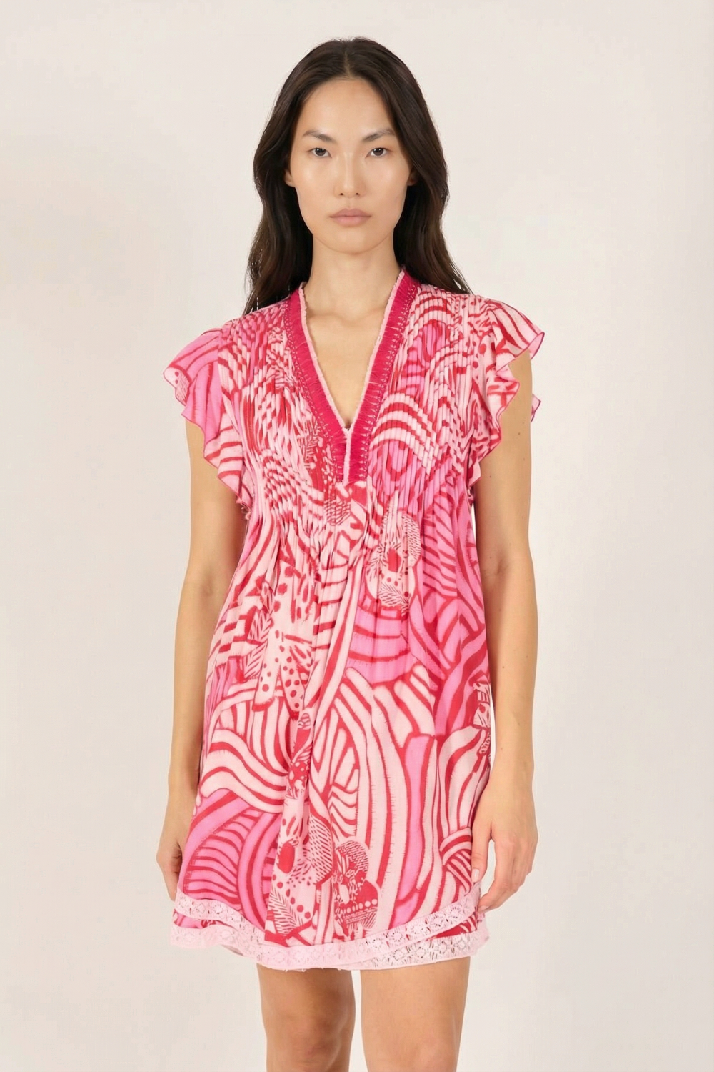 Pink Japonism mini dress – Mini Dress Sasha by Poupette St Barth, front view