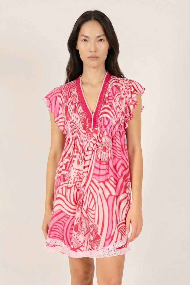 Pink Japonism mini dress – Mini Dress Sasha by Poupette St Barth, front view