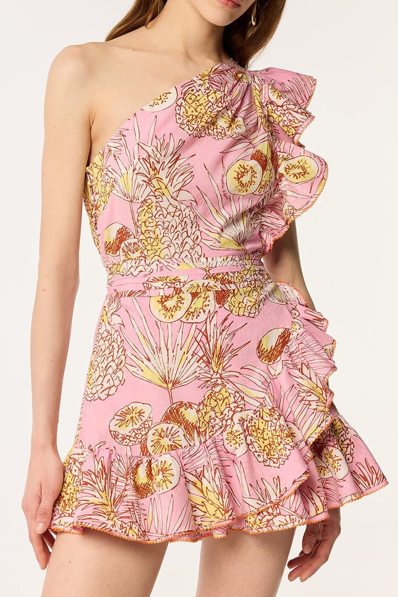 Pink Mini Dress Corinne by Poupette St Barth, featuring a stylish, fitted design with floral accents and a chic, summery look.
