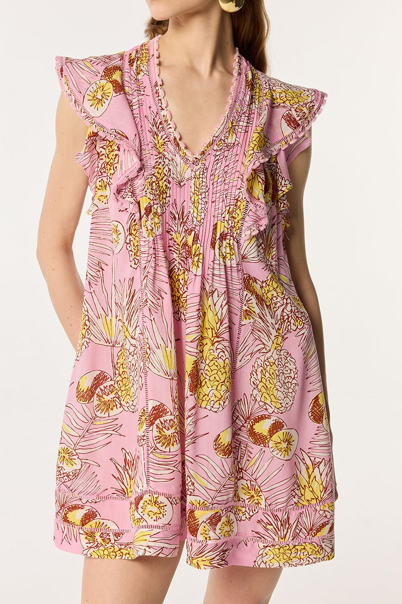 Pink Mini Dress Camelia by Poupette St Barth, featuring a stylish, lightweight design perfect for summer or casual occasions.