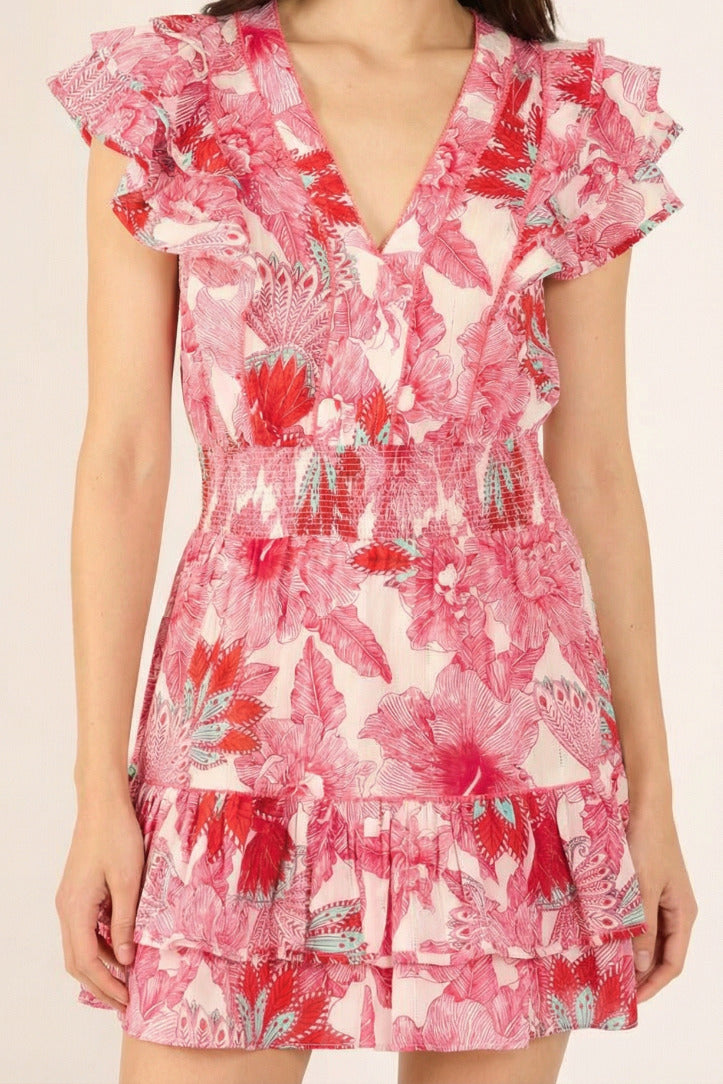 Pink Padang mini dress – Mini Dress Camila by Poupette St Barth, front view with ruffle sleeves and smocked waist