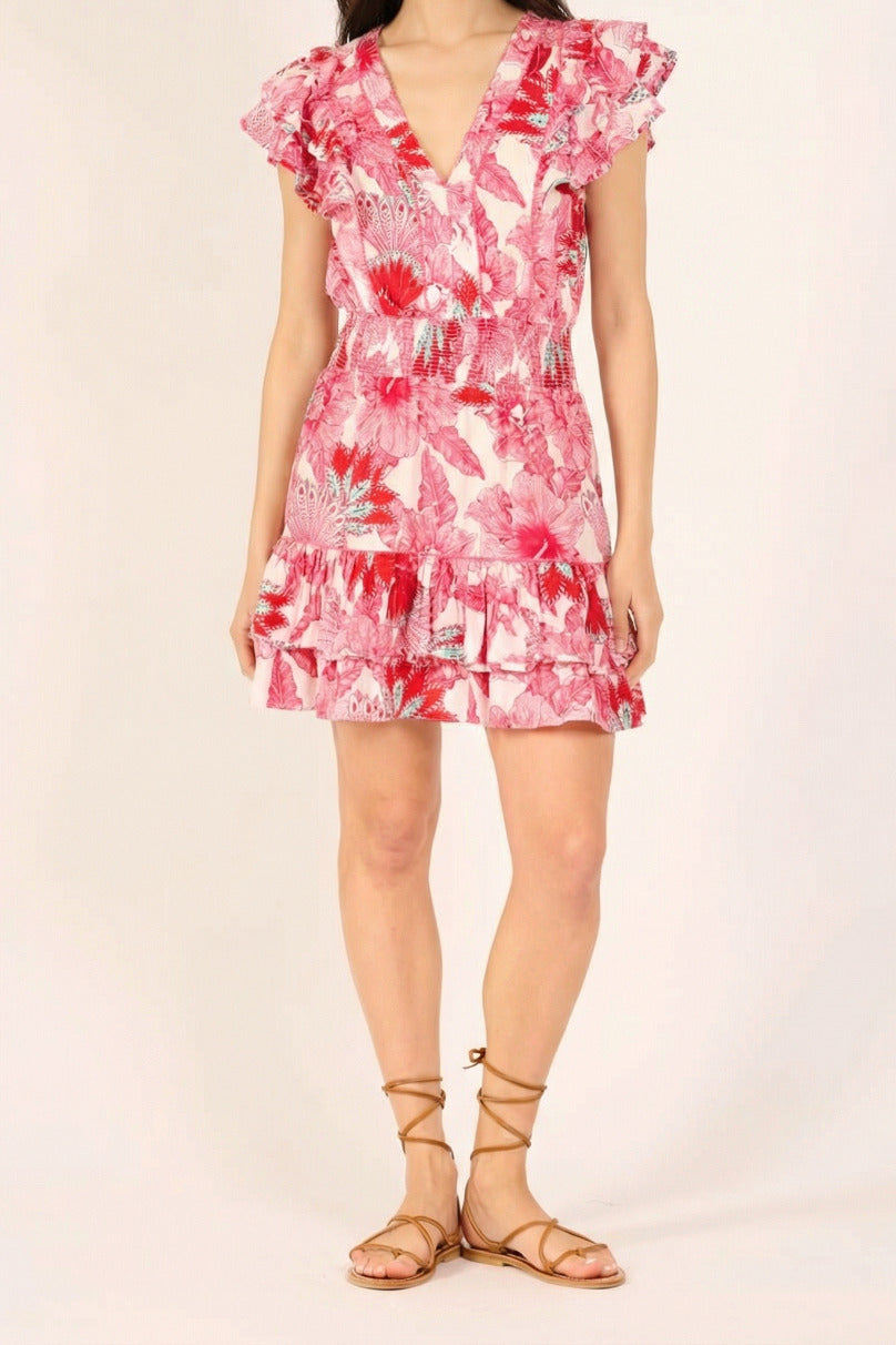 Pink Padang mini dress – Mini Dress Camila by Poupette St Barth, full-length front view with tiered skirt