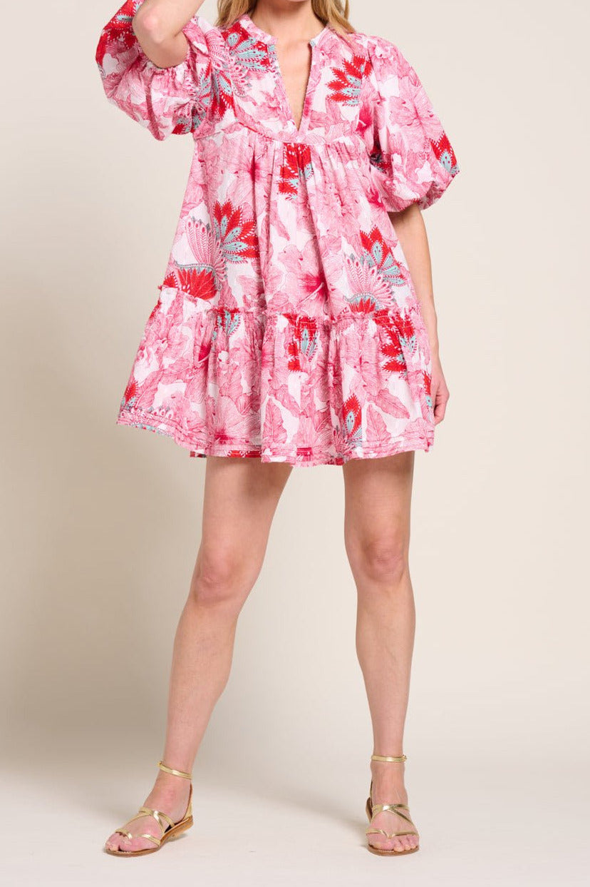 Pink Padang mini dress – Mini Dress Cruz by Poupette St Barth, full-length front view with gold sandals