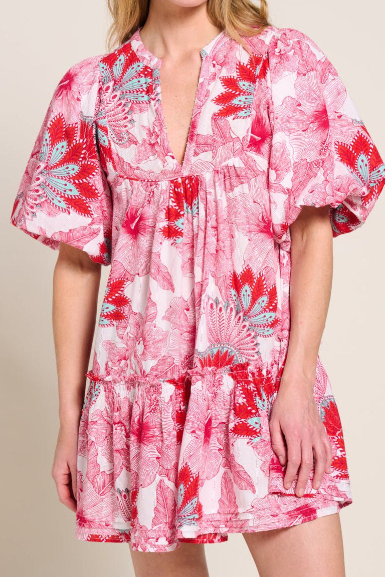 Pink Padang mini dress – Mini Dress Cruz by Poupette St Barth, front view with balloon sleeves and split neckline