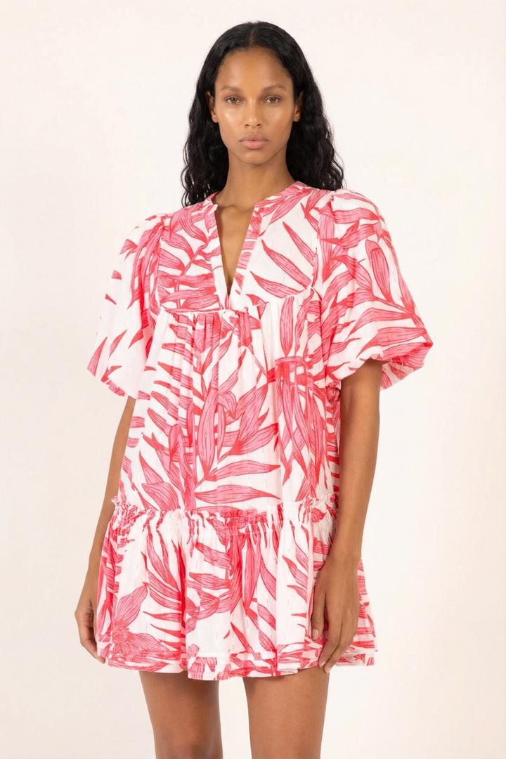 Pink Palm Leaf mini dress – Mini Dress Cruz by Poupette St Barth, front view
