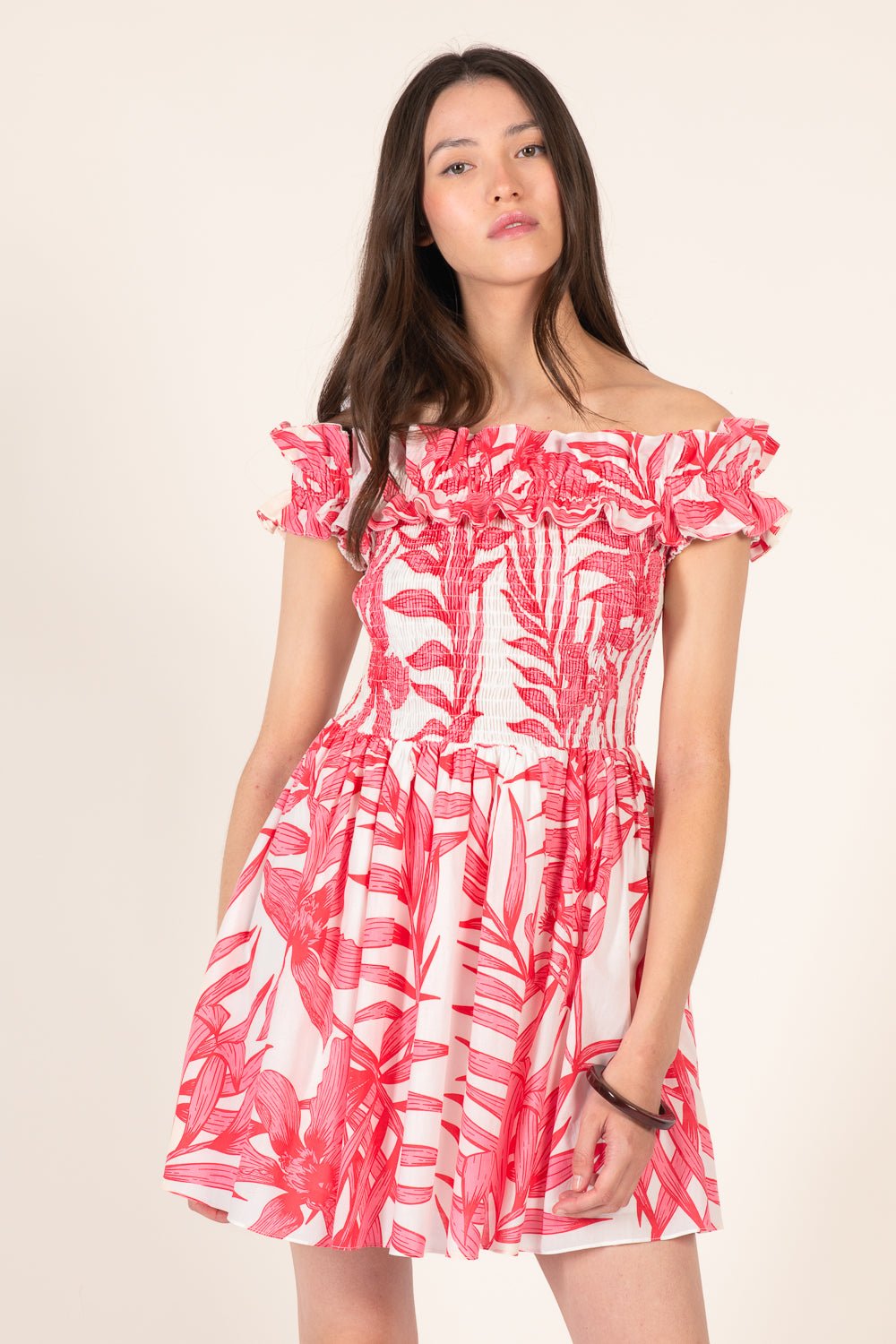 Pink Palm Leaf mini dress – Mini Dress Amber by Poupette St Barth, front view