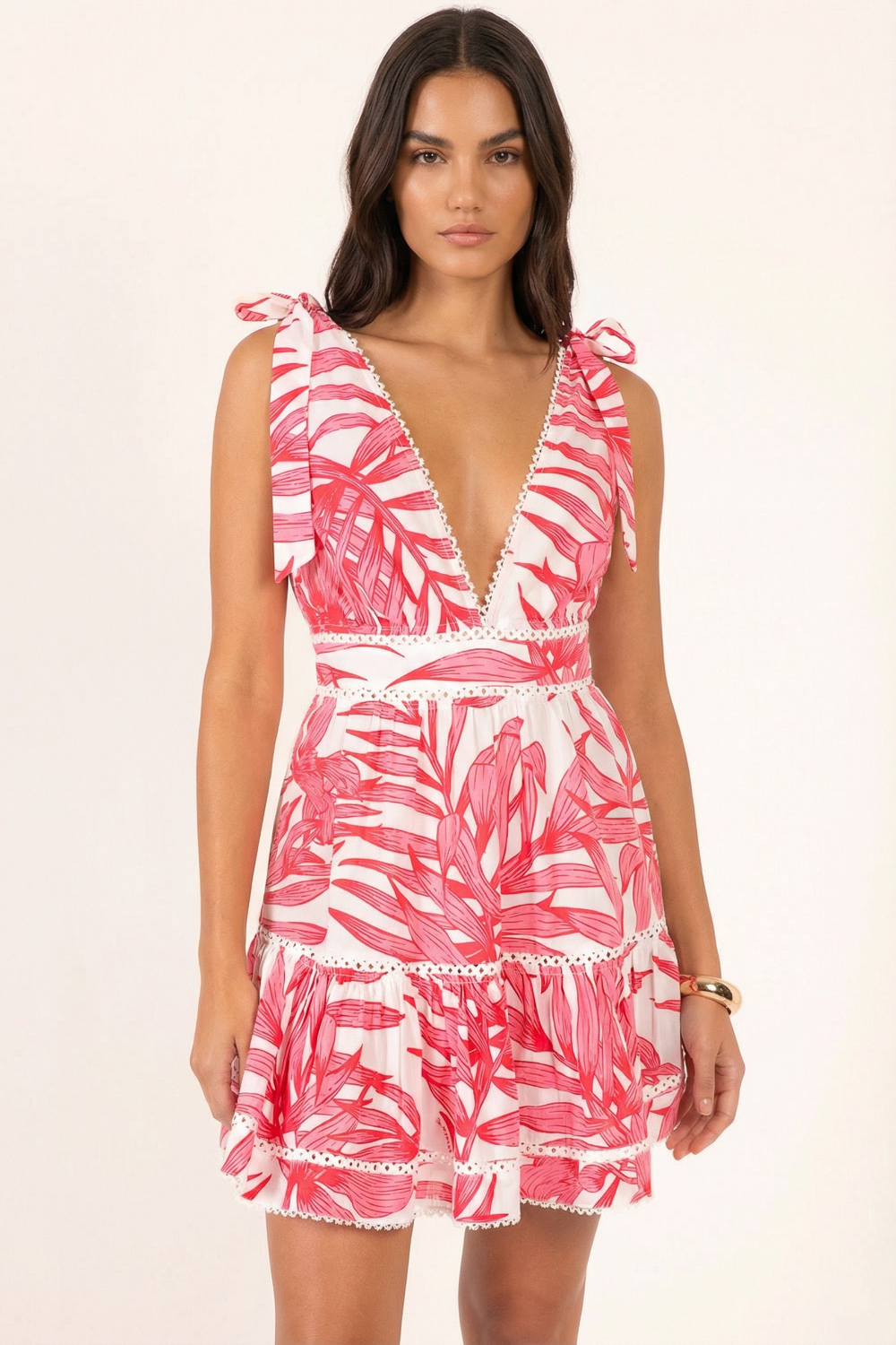 Pink Palm Leaf mini dress – Mini Dress Cara by Poupette St Barth, front view