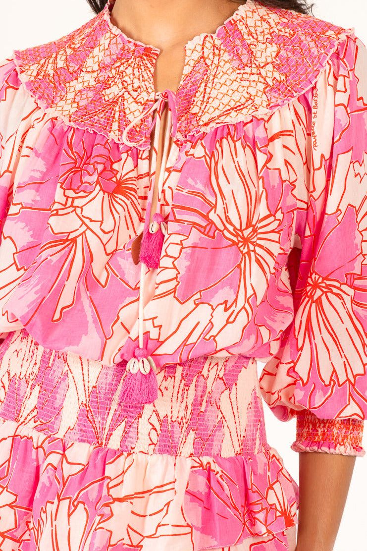 Pink Petal Mini Dress by Poupette St Barth, featuring lightweight cotton mousseline fabric, close-up of the stylish mini dress.