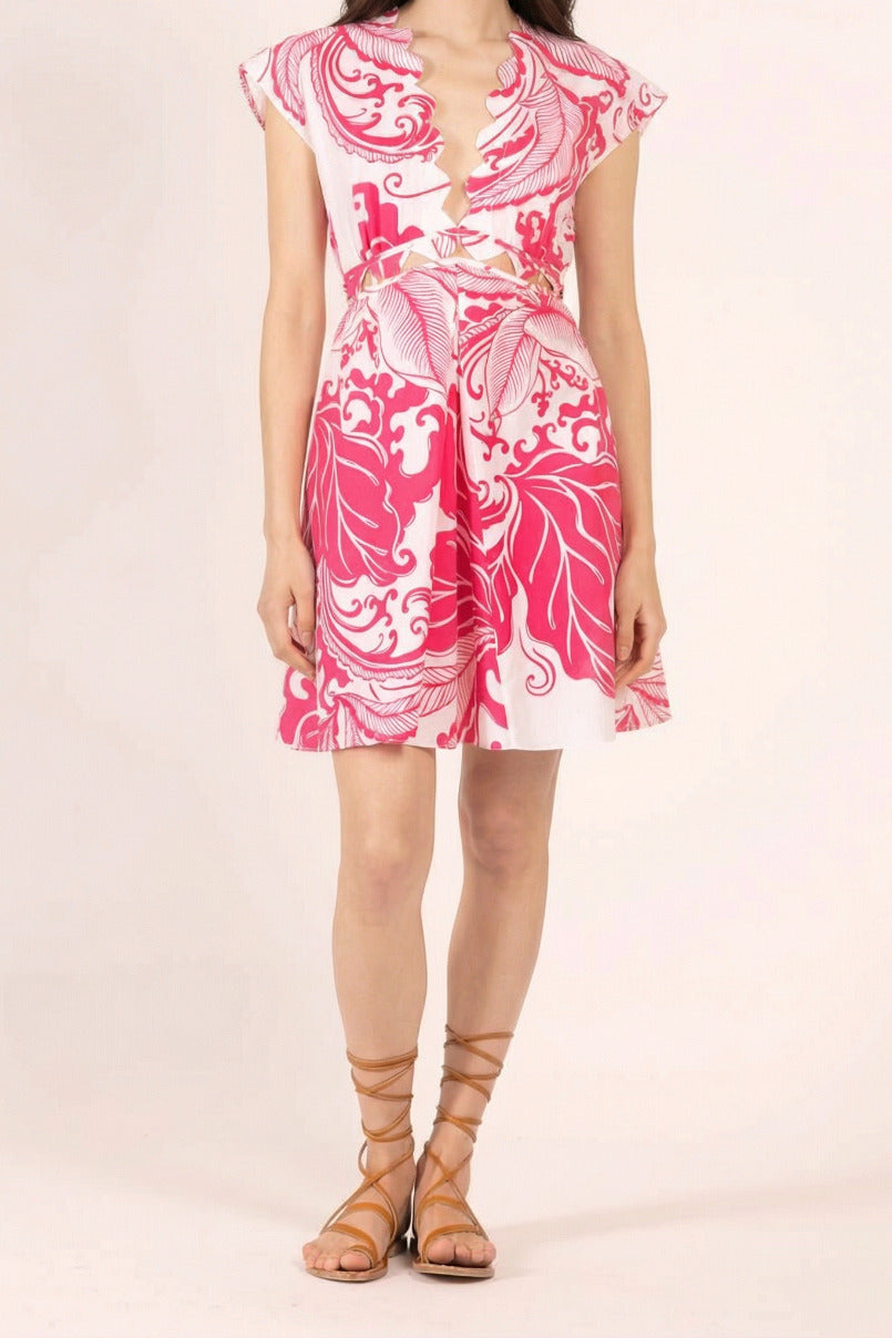 Pink Reef Wave mini dress – Mini Dress Hazel by Poupette St Barth, full-length front view with lace-up sandals