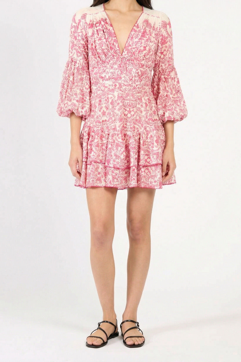 Pink Tiare mini dress – Mini Dress Chiara by Poupette St Barth, full-length front view with tiered skirt