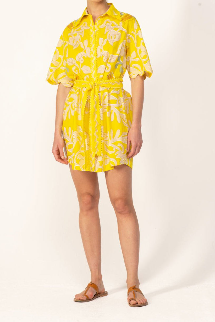 Yellow Ritual mini dress – Mini Dress Wes by Poupette St Barth, full-length front view with scalloped sleeves
