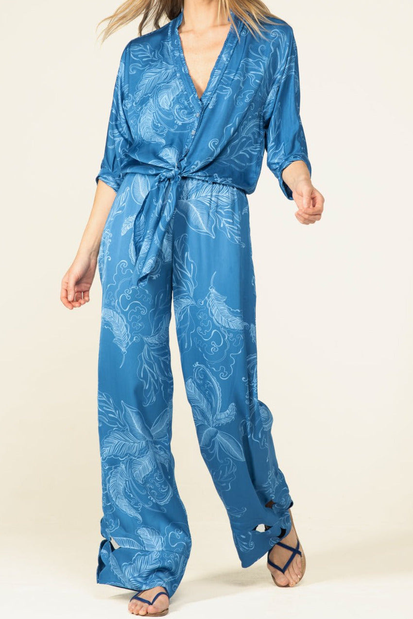 Blue Reef viscose satin pants from Poupette St Barth, featuring a relaxed fit and elegant design.