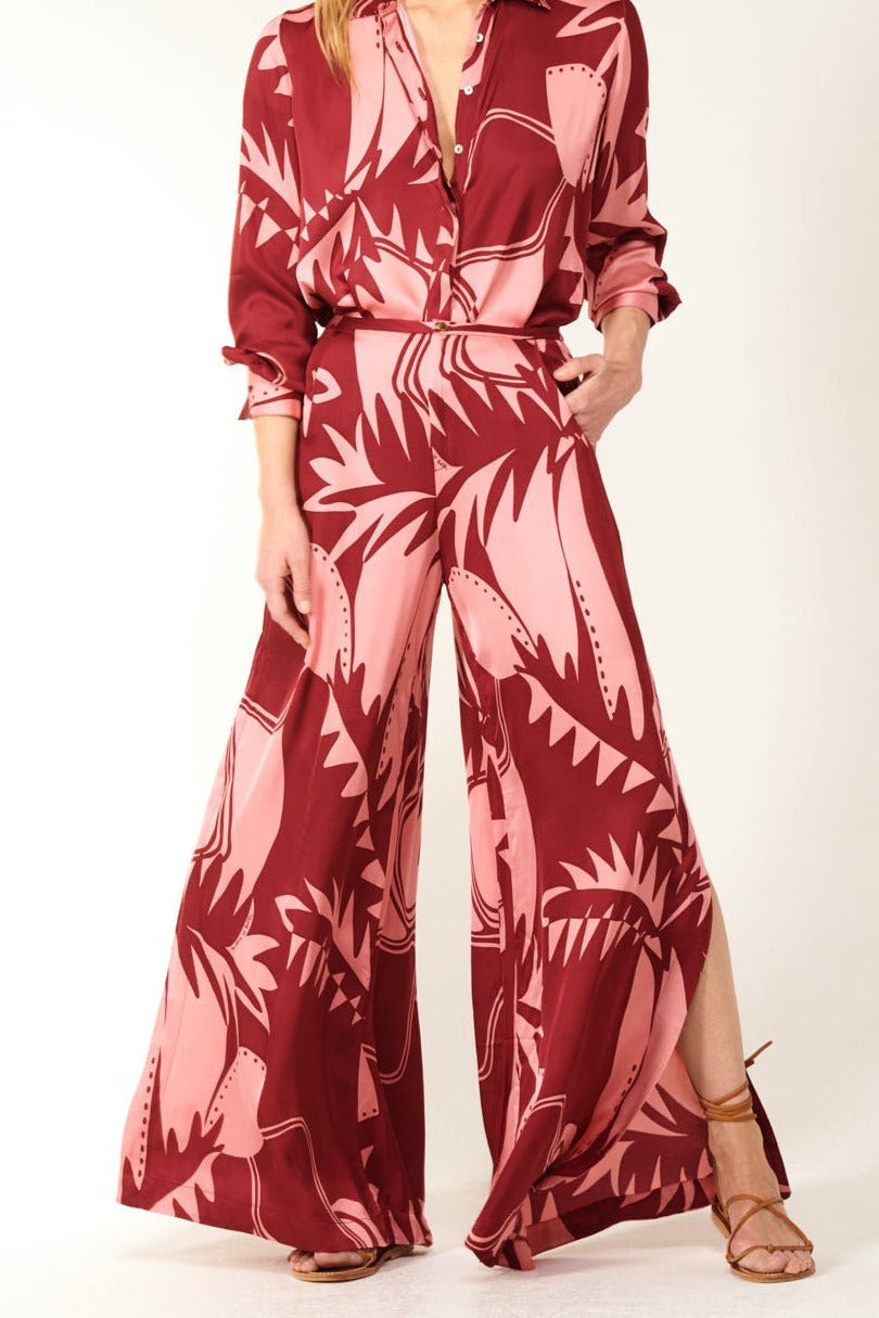 Poupette St Barth Pant Clea in Bordo Oasis, lightweight viscose satin pants with a relaxed fit and elegant design.