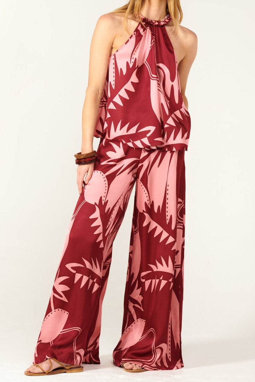 Poupette St Barth Pant Clea in Bordo Oasis, silky viscose satin pants with a relaxed fit and elegant style.