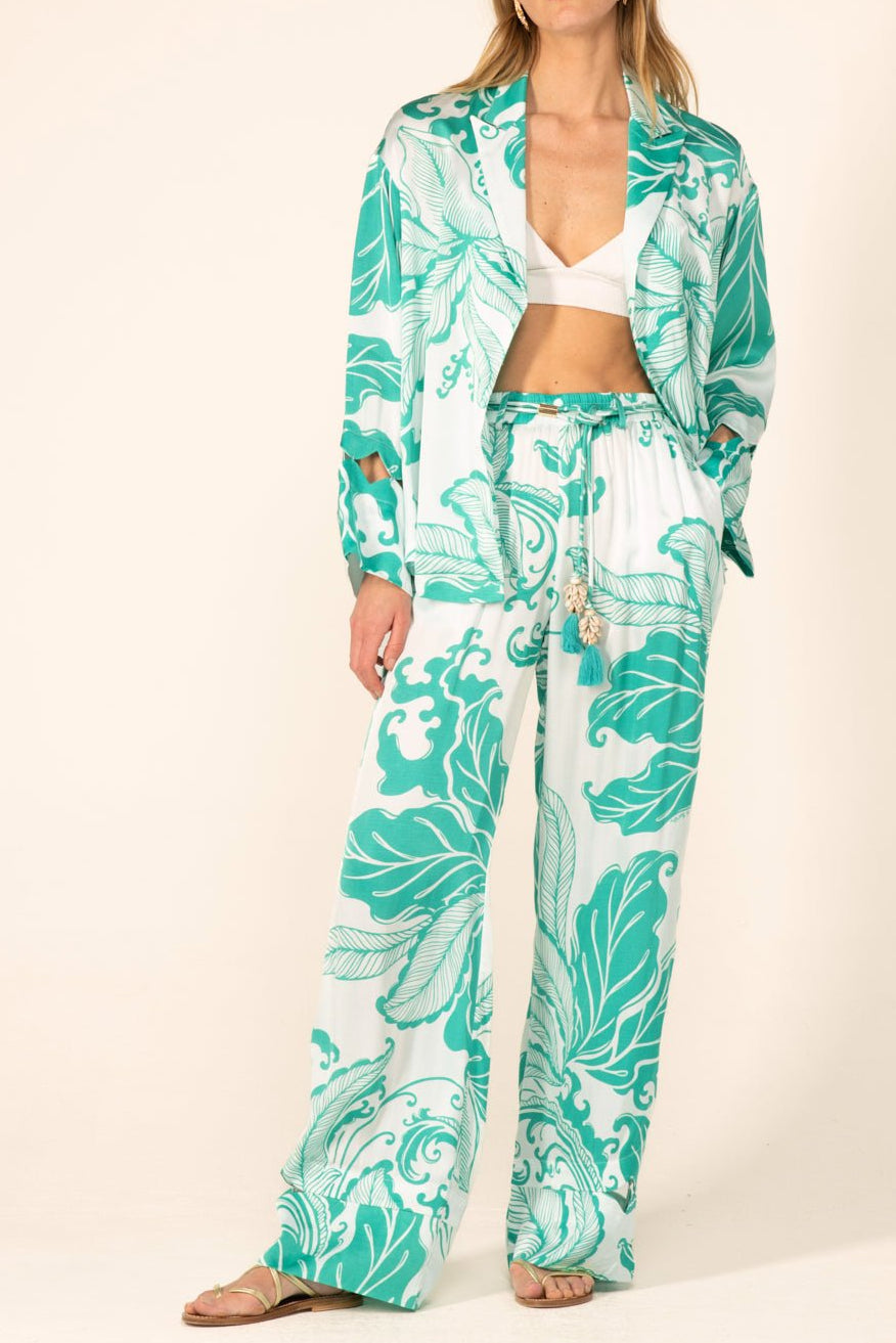 Green Reef Wave pants – Pant Patti by Poupette St Barth, full-length view styled with matching jacket