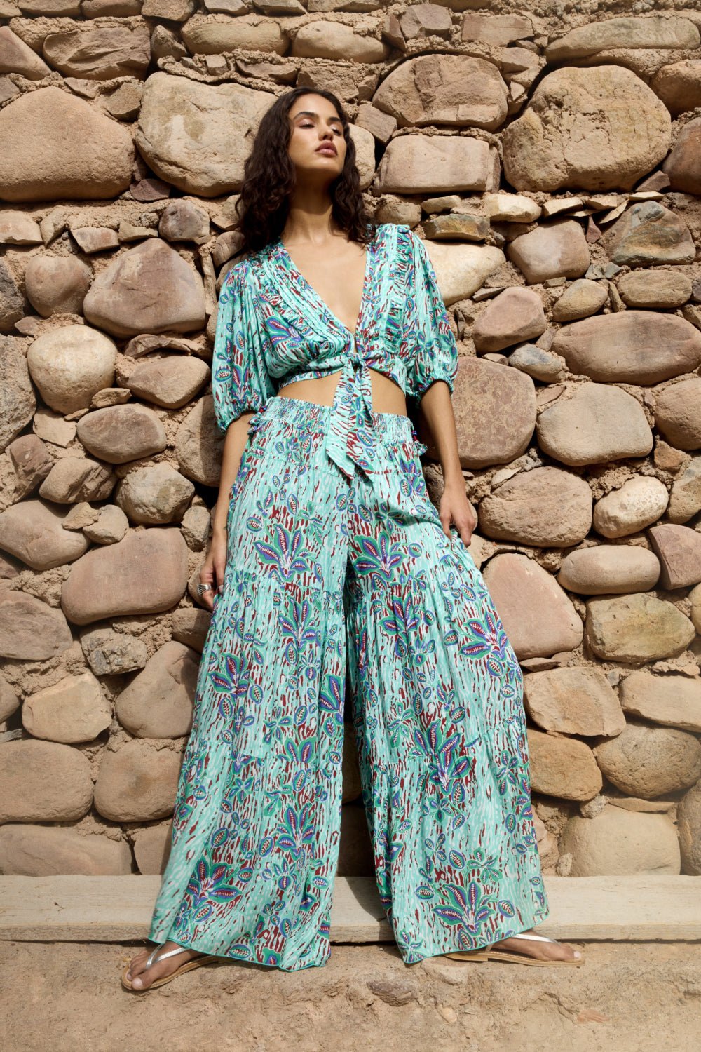 Poupette St Barth Pant Soledad in Mint Exotic Forest, lightweight viscose pants with a relaxed fit and tropical print.