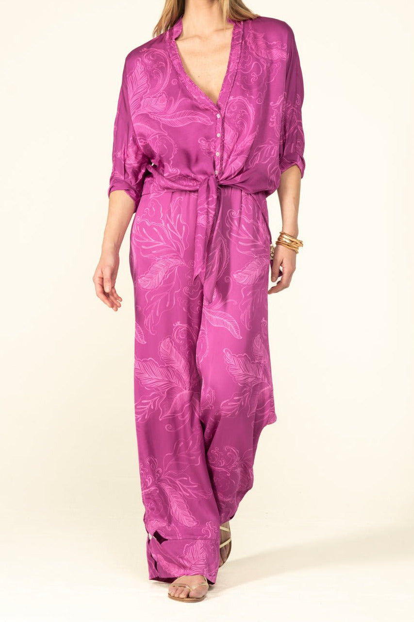 Poupette St Barth purple reef Pant Patti in viscose satin, lightweight, relaxed fit, with wide-leg style and soft fabric.