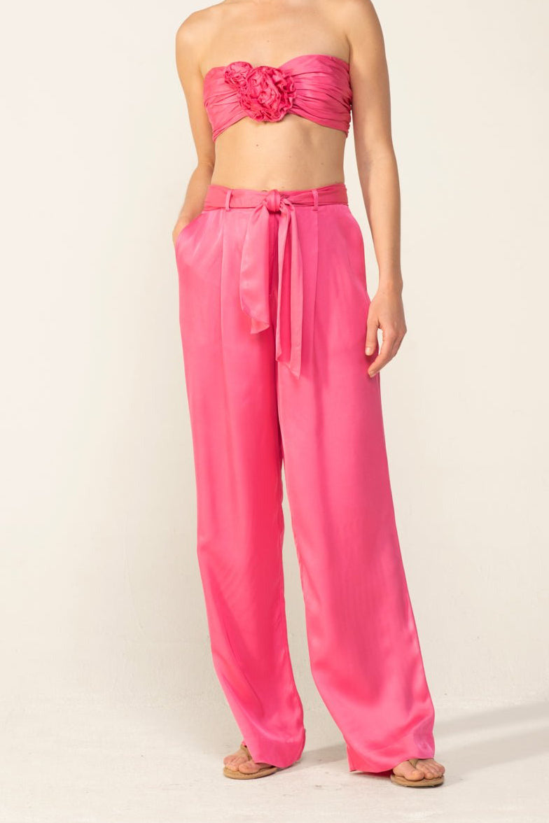 Poupette St Barth Aroa Pants in Raspberry Sorbet, lightweight satin viscose, plain design, high-waisted, cropped style.