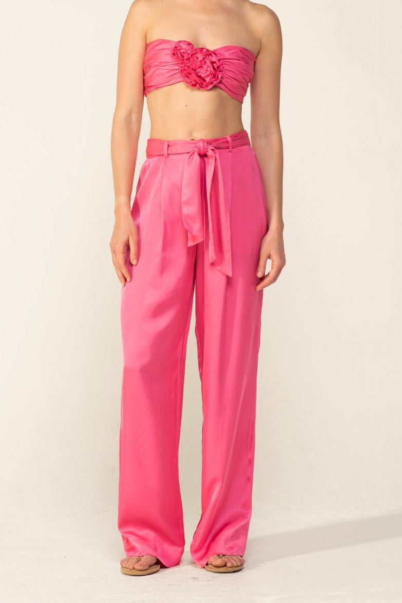 Poupette St Barth Aroa pants in Raspberry Sorbet, lightweight satin viscose, with a relaxed fit and plain design.